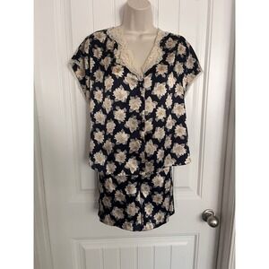 Barbizon 2-Piece Womens Sleepwear Set Floral Navy Blue Medium shorts Silky